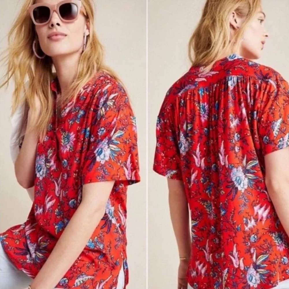 ANTHROPOLOGIE Maeve Windham Floral Tunic Red XS